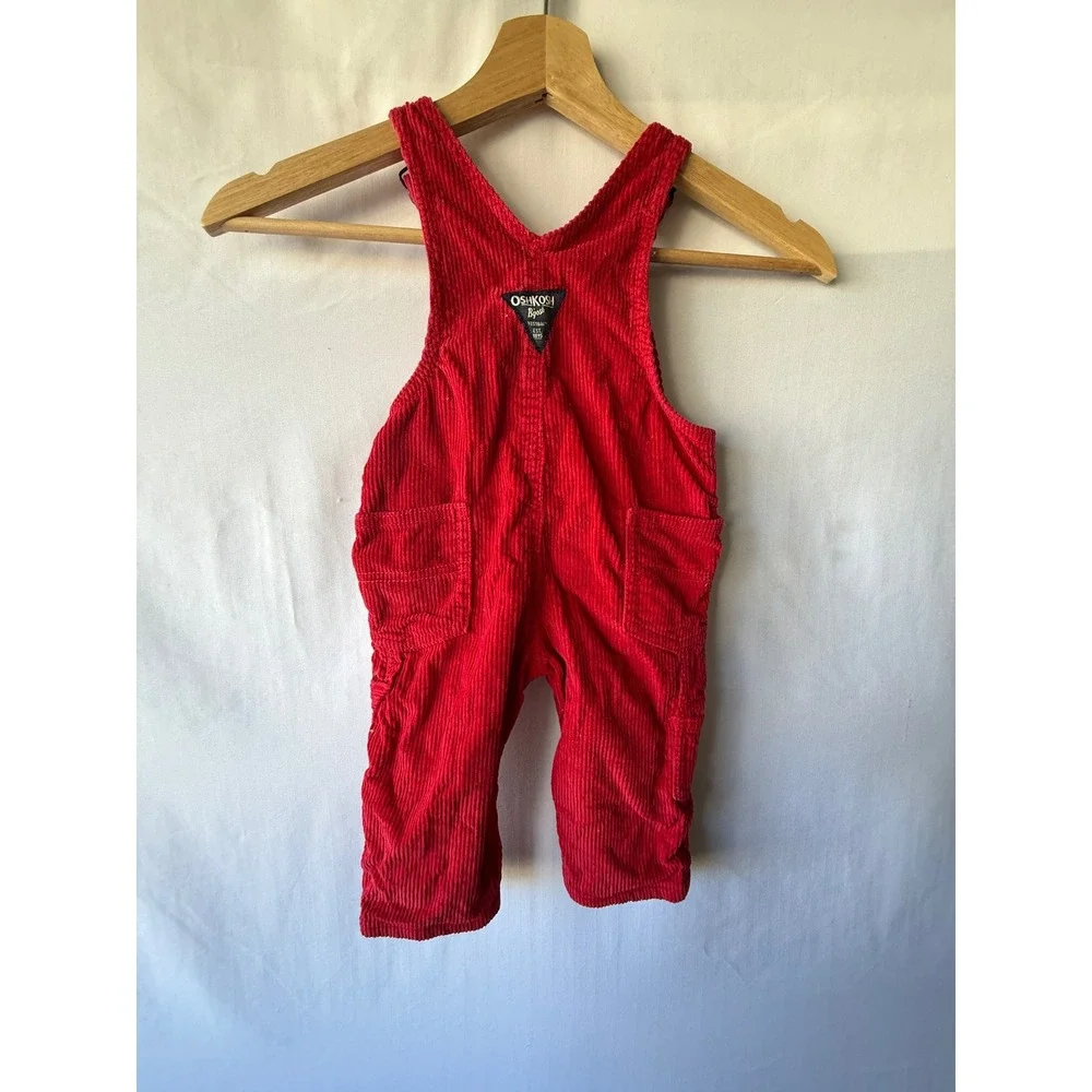 OshKosh Bgosh Kids Red Corduroy Overalls 9M Vintage Style Adjustable Bib Straps